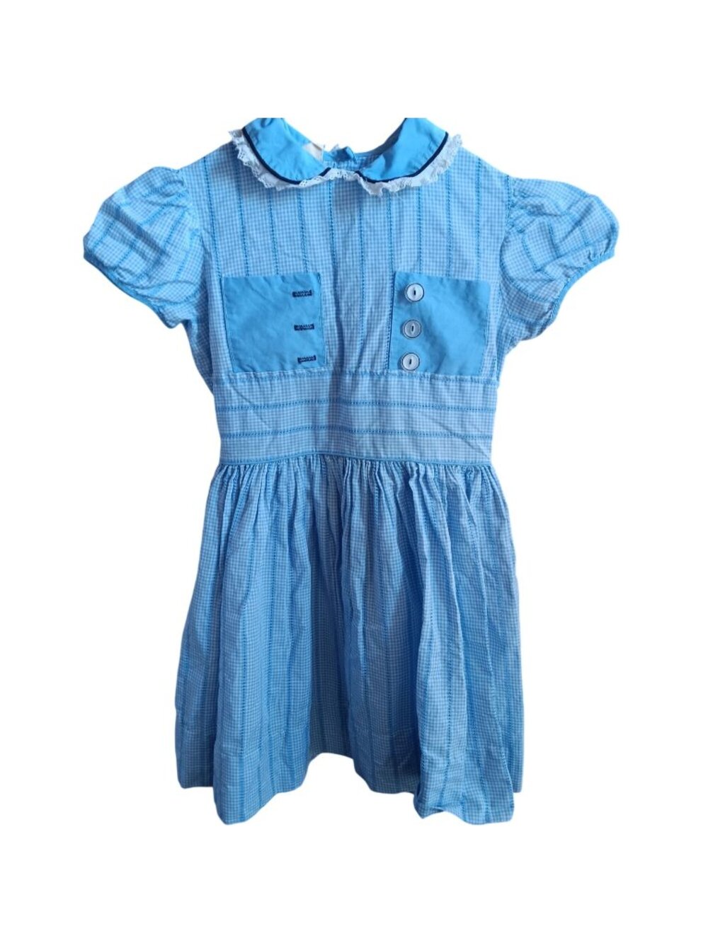 1950's Blue Gingham Vintage Girls Dress 10 Peter Pan Collar Lace Trim Dorothy